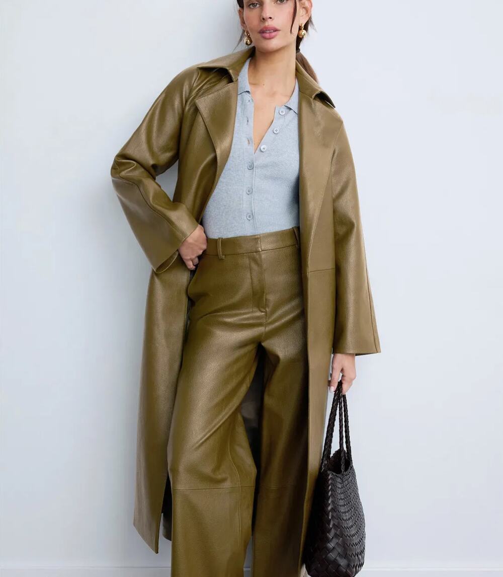 Rosetta Getty Olive Green Faux Leather Trench Coat SMALL Belted Office Work $555